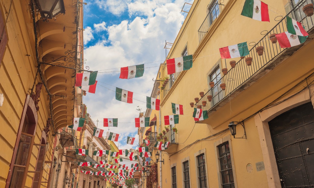 Mexican flag pennants decorating a street