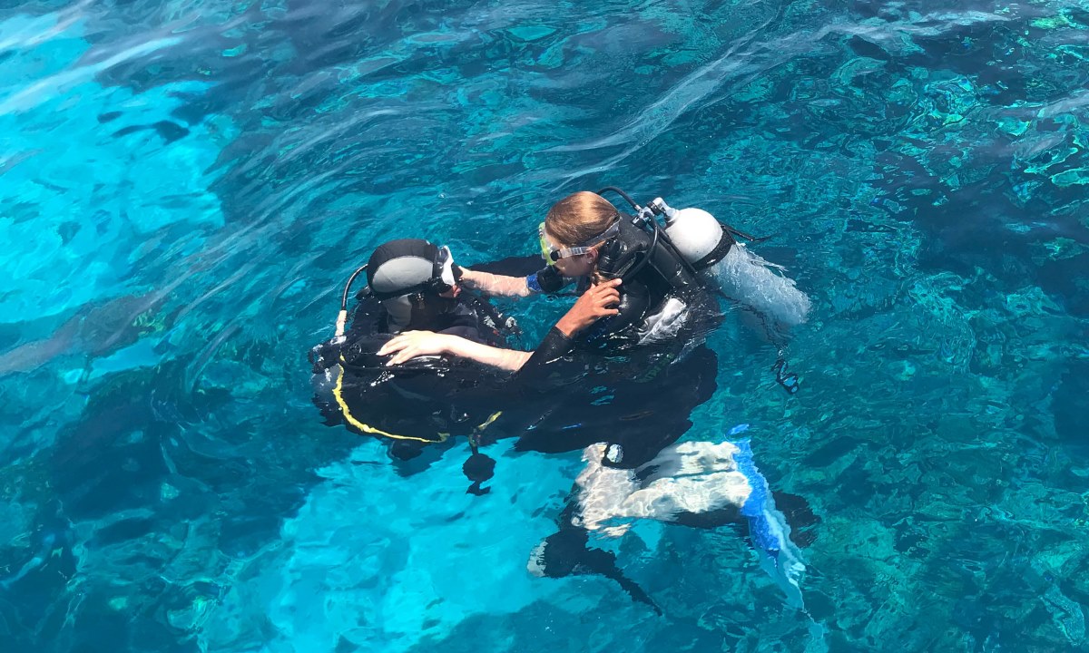 Two people scuba diving in crystal-clear waters