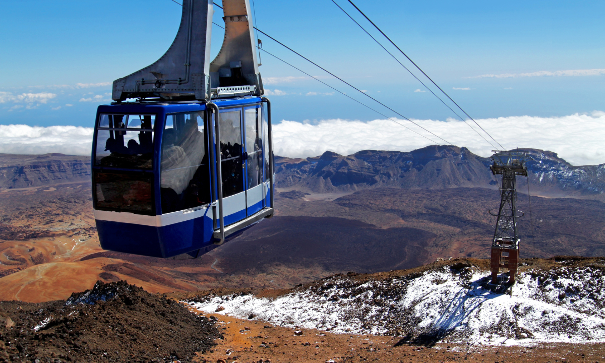 The cable car ascending towards the summit of Mount Teide