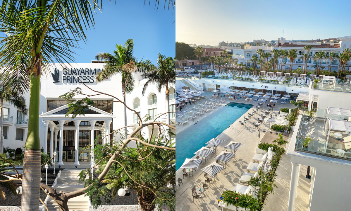 Entrance to Guayarmina Princess and the main pool at Princess Inspire Tenerife in Costa Adeje