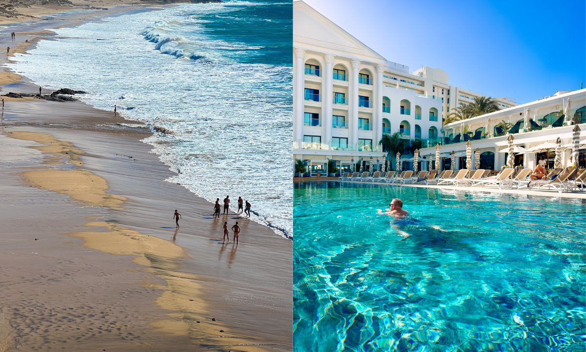 Beach in Fuerteventura and the pool at Princess Inspire Tenerife with a person swimming