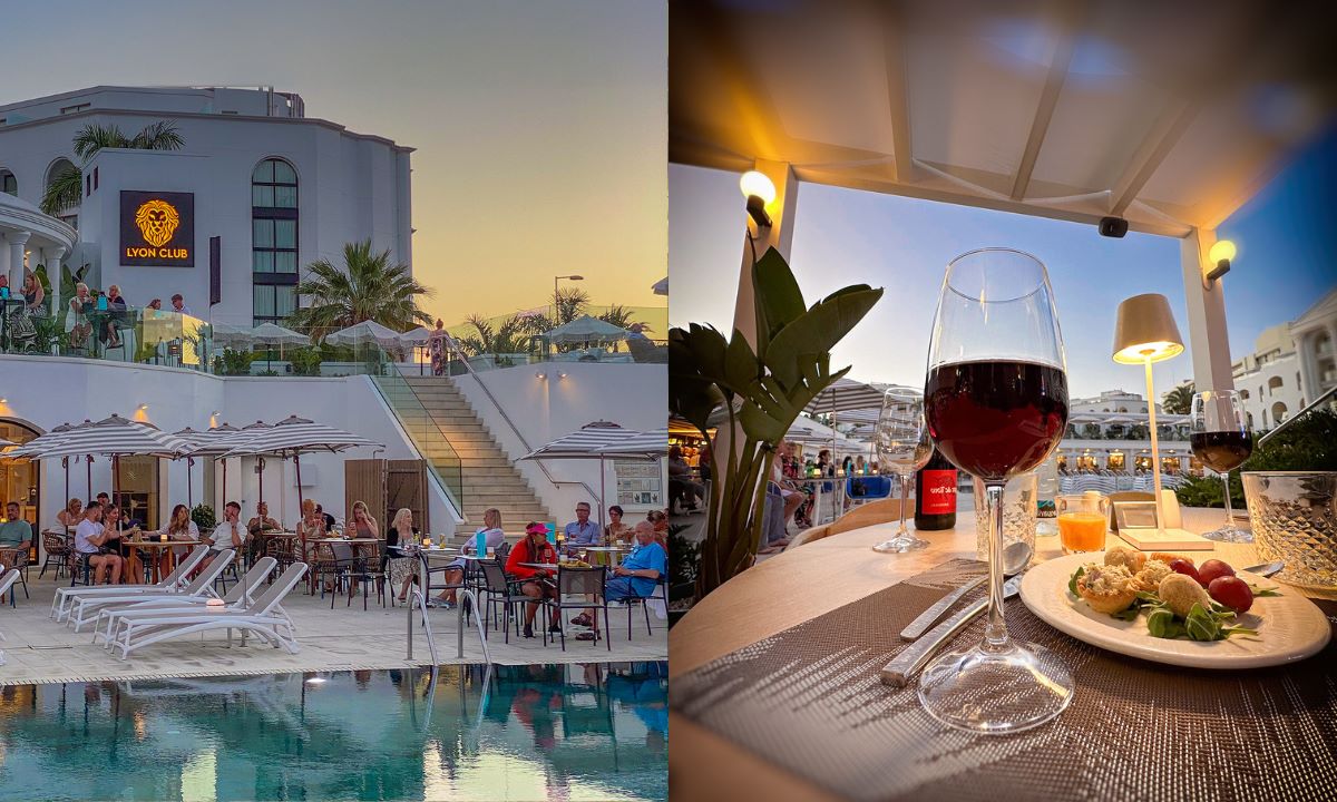 Poolside restaurant at sunset at Guayarmina Princess (left) and a glass of wine with food on the terrace at Princess Inspire Tenerife (right)