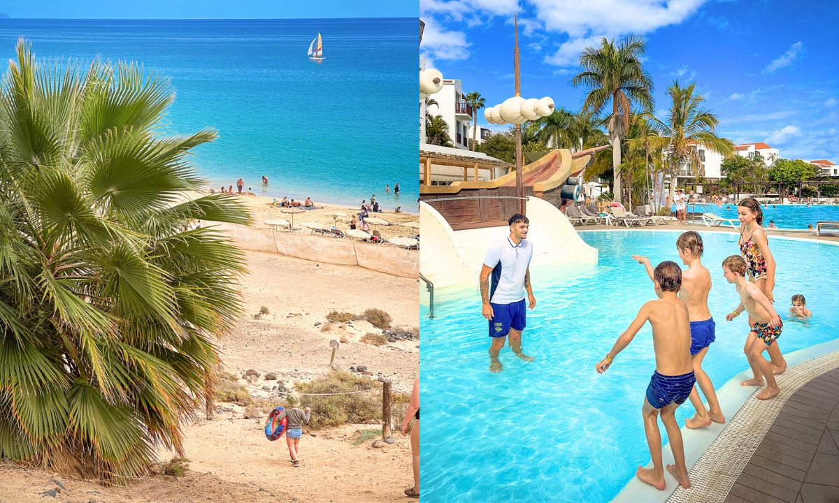 Strand mit türkisfarbenem Wasser und Palmen (links) und Kinder, die im Pool des Fuerteventura Princess mit einem Animateur spielen (rechts)