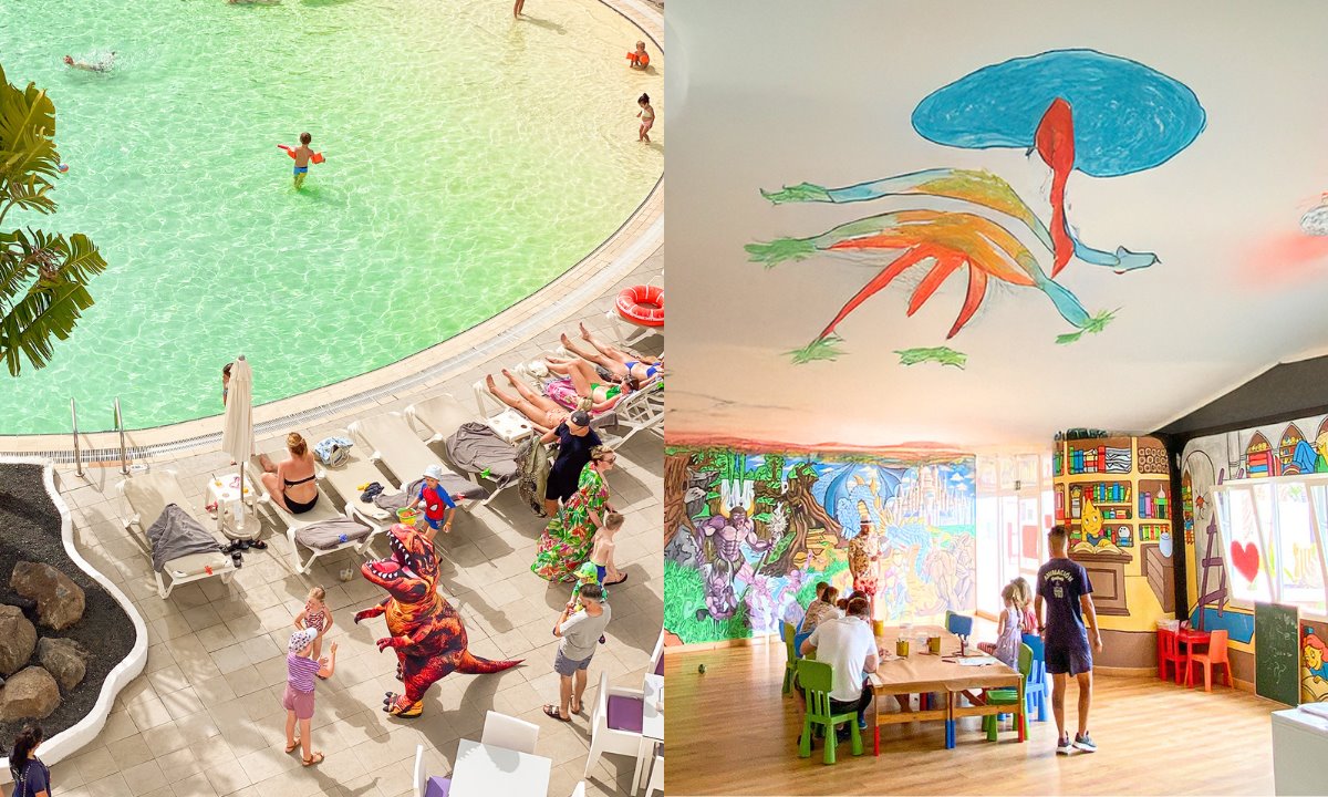 Pool mit Kindern und Dinosaurier-Animation (links) und Kinderbereich mit Aktivitäten (rechts) im Club Jandía Princess