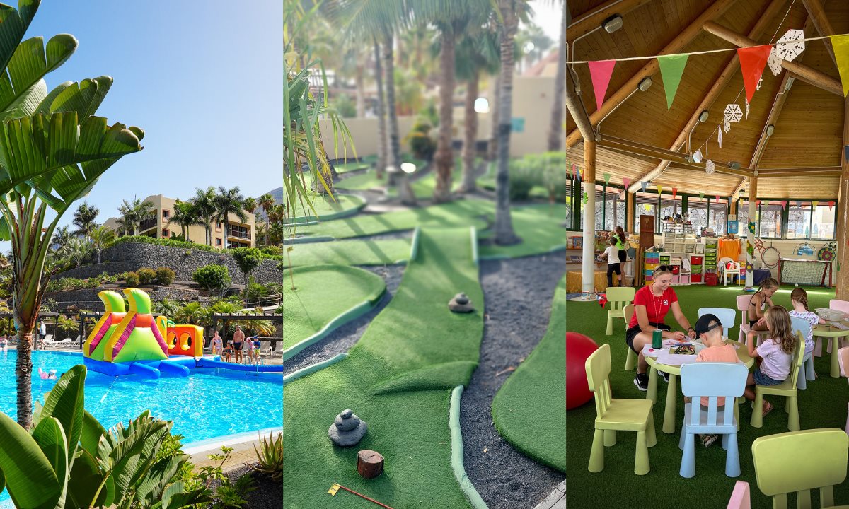 Pool mit Wasserrutsche (links), Minigolf zwischen Palmen (Mitte) und Kinderclub mit Aktivitäten (rechts) im La Palma Princess