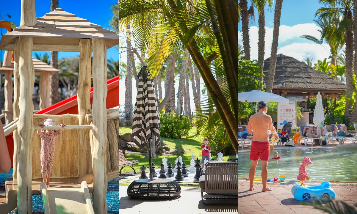Mädchen auf einer Holzrutsche (links), tropischer Garten mit Riesenschach (Mitte) und Kinderpool mit Erwachsenen und Kindern (rechts) im Maspalomas Princess und Tabaiba Princess