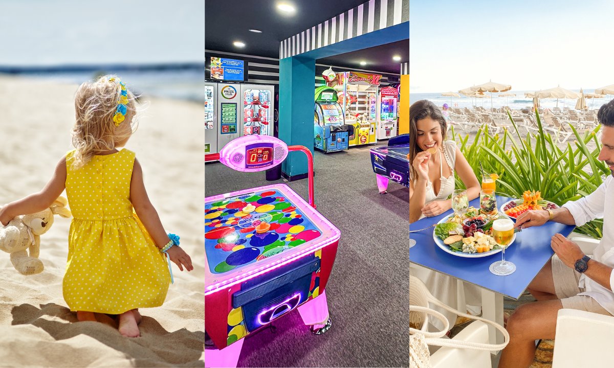Kleines Mädchen spielt im Sand (links), Spielhalle (Mitte) und Paar beim Essen am Strand (rechts) während ihres Urlaubs im Mogán Princess