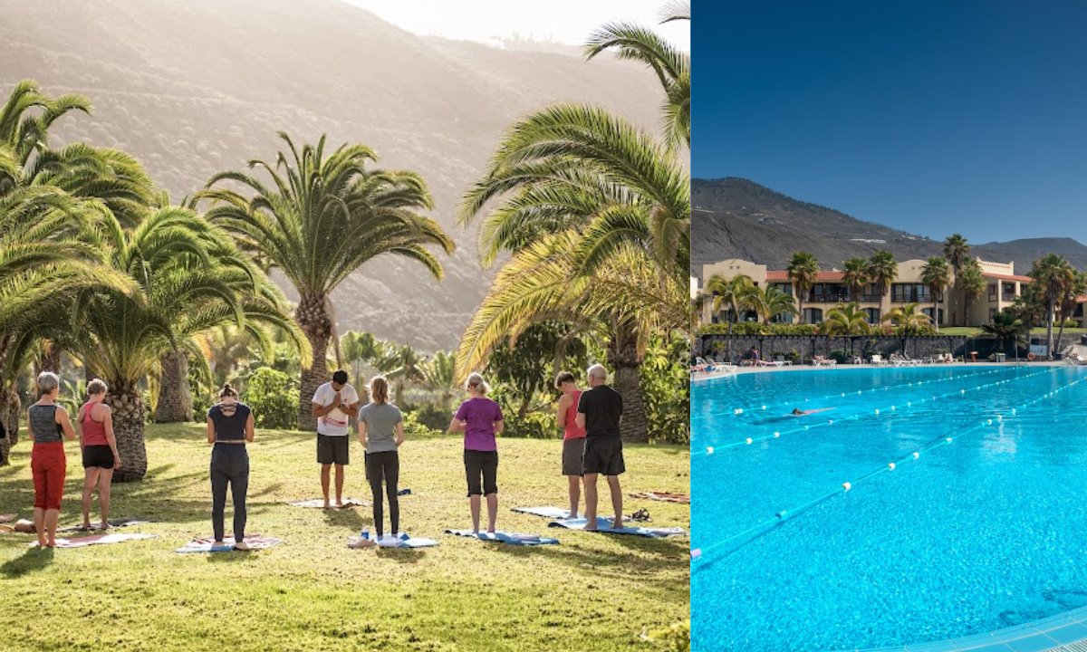Outdoor yoga session and swimming in an Olympic pool as part of the Vital Fitness programme at La Palma Princess hotel.